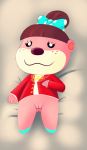  animal_crossing bow_tie clothed clothing female freckles looking_at_viewer lottie_(animal_crossing) lying mammal mustelid nintendo otter pussy sheepwithcrystallicfur smile video_games 