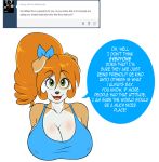  anthro big_breasts breasts brown_fur canine clothed clothing dog female fur green_eyes hair hi_res huge_breasts kibbles long_hair mammal multicolored_fur nipple_bulge open_mouth orange_hair shirt skidd smile solo two_tone_fur uberquest webcomic white_fur 