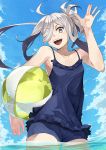  absurdres ahoge alternate_costume armpits asashimo_(kantai_collection) ball beachball blue_swimsuit commentary cowboy_shot day double_frill_skirt_swimsuit frilled_swimsuit frills grey_eyes grey_hair hair_over_one_eye highres holding holding_ball kanmiya_shinobu kantai_collection nontraditional_school_swimsuit one-piece_swimsuit open_mouth outdoors ponytail school_swimsuit sharp_teeth sky solo standing swimsuit teeth wading 