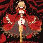  ahoge ass_visible_through_thighs blonde_hair breasts cleavage commentary_request epaulettes fate/extra fate_(series) full_body gold_trim green_eyes hair_intakes highres huge_ahoge looking_at_viewer medium_breasts naruwe nero_claudius_(fate) nero_claudius_(fate)_(all) petals short_hair sleeves_past_wrists smile solo standing thighs wide_sleeves 