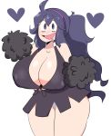  1girl @_@ ahoge al_bhed_eyes alternate_costume bare_shoulders blush breasts cheerleader cleavage cowboy_shot crop_top drooling erect_nipples eyebrows_visible_through_hair female hair_tie hands_up headband heart hex_maniac_(pokemon) highres holding huge_breasts jinu long_hair looking_at_viewer matching_hair/eyes miniskirt npc npc_trainer open_mouth panties pokemon pokemon_(game) pokemon_xy pom_poms ponytail purple_eyes purple_hair purple_shirt purple_skirt shiny_skin shirt simple_background skirt sleeveless sleeveless_shirt smile solo standing thick_thighs tied_hair tied_shirt underwear white_background white_panties 