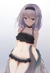  akira_(been0328) bikini black_bikini black_choker black_hairband blue_eyes blush choker closed_mouth frilled_bikini frills gradient gradient_background grey_background hairband looking_at_viewer navel ryuuou_no_oshigoto! short_hair silver_hair solo sora_ginko swimsuit 