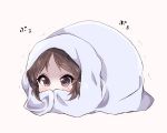  bangs blanket blush brown_eyes brown_hair covering_mouth cowering eyebrows_visible_through_hair full_body idolmaster idolmaster_cinderella_girls motion_lines parted_bangs scared sidelocks simple_background solo sweat tachibana_arisu translated trembling under_covers yellow_background yumeno_(rubbercup) 