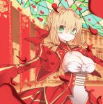  ahoge blonde_hair blurry breasts cleavage closed_mouth depth_of_field epaulettes fang fate/extra fate_(series) gold_trim green_eyes hair_intakes hair_ribbon highres huge_ahoge looking_at_viewer medium_breasts naruwe nero_claudius_(fate) nero_claudius_(fate)_(all) petals red_ribbon ribbon short_hair smile solo sparkling_eyes stained_glass 