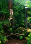  blue_eyes breasts bridal_gauntlets cape chienon cleavage commentary detached_sleeves final_fantasy final_fantasy_iv forest green_hair green_legwear hair_ornament highres medium_breasts nature rock rydia water waterfall 
