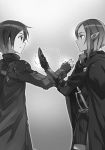  1girl abec black_gloves cape dark_skin earrings eye_contact fingerless_gloves from_side gloves gradient gradient_background hair_between_eyes high_five highres jewelry kirito kizmel looking_at_another novel_illustration official_art pointy_ears sheath sheathed shoulder_pads smile sword sword_art_online weapon 