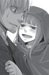  1girl :d ayakura_juu beard blush cape craft_lawrence facial_hair greyscale grin holo hood hooded long_hair monochrome novel_illustration official_art open_mouth scared smile spice_and_wolf sweatdrop upper_body 