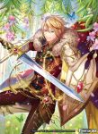  blue_eyes bug butterfly cape company_name flower force_of_will fur_trim insect leaf long_hair male_focus matsurika_youko multicolored_hair official_art petals red_hair shield solo sparkle sword two-tone_hair weapon 