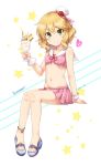  blonde_hair blush breasts glass green_eyes highres idolmaster idolmaster_cinderella_girls looking_at_viewer miniskirt navel paopao parfait sailor_bikini_top sakurai_momoka sandals short_hair skirt small_breasts smile solo star wavy_hair wrist_cuffs 