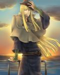  bangs bleach blonde_hair hat highres hirako_shinji long_hair male pixiv_id_610529 solo straight_bangs sunset visored 