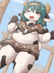  2017 53_(artist) anthro belly black_fur blush bovine brown_eyes cattle clothed clothing fur green_hair hair horn jewelry looking_at_viewer male mammal moobs necklace open_mouth outside overweight sky solo standing tree white_fur wood 