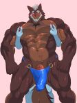  2018 abs anthro balls beard biceps blush bulge canine clothed clothing digital_media_(artwork) embarrassed facial_hair flaccid fur hair hi_res huge_muscles humanoid_penis keijimohumohu male mammal muscular nipple_play nipples pecs penis precum precum_string pubes quads sex shaded short_hair skimpy solo standing thong topless underwear vein veiny_penis 