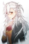  ahoge blush braid commentary_request fate/grand_order fate_(series) from_side h_sueun hair_over_one_eye hand_on_own_chest highres long_hair looking_at_viewer looking_to_the_side olga_marie_animusphere silver_hair solo sweatdrop white_hair yellow_eyes zelovel 