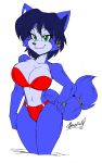  2018 akatsukishiranui-fox anthro big_breasts bikini blue_fur blue_hair breasts canine clothed clothing female fox fur green_eyes hair hand_on_hip krystal looking_at_viewer mammal nintendo simple_background smile solo star_fox swimsuit video_games white_background 