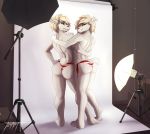  2018 alpaca anthro bare_back blonde_hair brown_eyes butt butt_pose camelid clothed clothing digital_media_(artwork) duo female fur hair mammal sibling smile standing thong topless twins white_fur wolfirry 