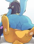  ambiguous_gender big_butt buizel butt eye_contact featureless_crotch kimubota lucario lying nintendo on_back paws pok&eacute;mon pok&eacute;mon_(species) raised_tail rear_view straddling suggestive sweat thick_thighs video_games 