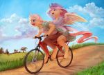  2018 absurd_res anthro anthrofied applejack_(mlp) audrarius bicycle blonde_hair clothed clothing cloud cowboy_hat digital_media_(artwork) duo earth_pony equine feathered_wings feathers female fluttershy_(mlp) friendship_is_magic grass green_eyes hair hand_on_shoulder hat hi_res horse long_hair mammal my_little_pony open_mouth outside pink_hair pony sky teal_eyes wings 