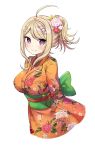  ahoge akamatsu_kaede alternate_costume alternate_hairstyle bangs beamed_eighth_notes blonde_hair blush bow breasts cropped_torso danganronpa eyebrows_visible_through_hair floral_print flower green_bow hair_flower hair_ornament highres japanese_clothes kimono large_breasts long_hair long_sleeves looking_at_viewer musical_note musical_note_hair_ornament new_danganronpa_v3 obi orange_kimono pink_flower ponytail print_kimono purple_eyes red_ribbon ribbon sash shiny shiny_hair sidelocks simple_background solo sparkle ssumbi swept_bangs underbust upper_body white_background wide_sleeves 