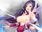  armor assisted_exposure bare_shoulders black_hair blue_eyes breasts breasts_outside broken_armor butaros circlet clenched_hand commentary floating_hair gradient gradient_background grey_background headgear irelia large_breasts league_of_legends long_hair looking_at_viewer looking_down medium_breasts motion_blur navel nipples open_mouth shirt tearing_clothes torn_clothes torn_shirt upper_body very_long_hair 