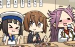  &gt;_&lt; 3girls black_hair blazer blush brown_eyes brown_hair chopsticks commentary daitou_(kantai_collection) dated drunk eating food hair_between_eyes hamu_koutarou hat highres holding holding_chopsticks jacket jun'you_(kantai_collection) kantai_collection long_hair long_sleeves multiple_girls necktie purple_hair red_neckwear sailor_hat short_hair short_sleeves sitting smile spiked_hair sushi wakaba_(kantai_collection) white_hat 