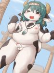  2017 53_(artist) anthro balls belly black_fur blush bovine brown_eyes cattle erection fur green_hair hair horn jewelry looking_at_viewer male mammal moobs necklace nipples nude open_mouth outside overweight penis sky small_penis solo standing tree white_fur wood 