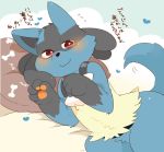  &lt;3 &lt;3_eyes ambiguous_gender bed bedroom_eyes better_version_at_source blush bone cute half-closed_eyes happy hyaku1063 japanese_text looking_at_viewer lucario lying nintendo pawpads pillow pok&eacute;mon pok&eacute;mon_(species) seductive solo suggestive tailwag text translated video_games wide_hips 