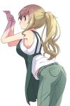  apron ass blonde_hair denim employee_uniform from_behind green_eyes highres inuyama_aoi jeans long_hair looking_at_viewer mel_(melty_pot) pants ponytail profile sleeveless solo standing thick_eyebrows uniform yurucamp 