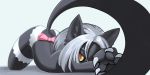  ass_up black_fur black_sclera butt cat claws conbudou eyebrows eyelashes feline female flat_chested fur hair invalid_tag looking_at_viewer lying mammal ribbons silver_hair simple_background solo yellow_eyes 