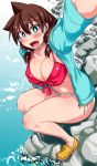  amano_megumi amano_megumi_wa_suki_darake! aqua_eyes arm_up bikini blush breasts bright_pupils brown_hair crocs fang from_above front-tie_bikini front-tie_top hair_over_shoulder highres jacket large_breasts long_hair looking_at_viewer nekoguchi non-web_source official_art open_clothes open_jacket open_mouth outstretched_arm reaching_out self_shot side-tie_bikini sitting solo swimsuit unzipped water 