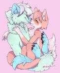  amber_eyes anthro arctic_fox bleak_(eaglesoul) blue_fur canine cat chest_tuft claws duo eyes_closed feline fox fur hair holding_(disambiguation) hug kemono kissing licking male male/male mammal mochiri pink_fur pink_hair simple_background smile tongue tongue_out tuft vinari_tedori white_hair 