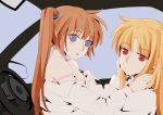  2girls blonde_hair blue_eyes breasts brown_hair car cleavage collared_shirt couple fate_testarossa imminent_sex long_hair lyrical_nanoha mahou_shoujo_lyrical_nanoha mahou_shoujo_lyrical_nanoha_strikers mahou_shoujo_lyrical_nanoha_vivid multiple_girls red_eyes shirt takamachi_nanoha yer yuri 