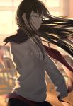  backlighting black_hair blue_eyes blurry blurry_background classroom commentary depth_of_field highres long_hair looking_at_viewer looking_back original sailor_collar saitou_(lynx-shrike) school_uniform serafuku sleeves_past_wrists solo sunset wind 