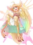  1girl ahoge blonde_hair cue_(lindwrum) feathered_wings feathers female harpy messy_hair monster_girl open_mouth original solo wings 
