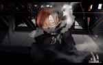  black_eyes blood cigarette coat eyepatch fingerless_gloves fur_collar fur_trim gloves goggles goggles_around_neck hair_over_one_eye jacket jewelry letterboxed looking_at_viewer orange_hair original ring shizu_(9394marimo) short_hair smoke smoking string 