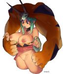  areolae blue_light breasts cerebella_(skullgirls) commentary eyeshadow green_hair hat highres horns large_breasts lipstick looking_down makeup nail_polish nipples parted_lips pussy roropull simple_background skullgirls undressing vice-versa_(skullgirls) white_background 