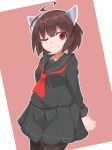  ;) ao_(aoblueao) bangs black_legwear black_serafuku black_shirt black_skirt blush brown_hair closed_mouth eyebrows_visible_through_hair hair_between_eyes headgear long_sleeves looking_at_viewer nose_blush one_eye_closed pantyhose pleated_skirt red_eyes red_neckwear school_uniform serafuku shirt short_hair skirt smile solo touhoku_kiritan voiceroid 