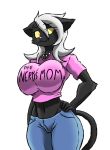  big_breasts black_fur breasts cat cheese_cake cheesy_(cheese_cake) crossgender english_text feline female fur hair huge_breasts mammal red_eyes simple_background text white_hair 