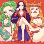  boa_hancock boa_marigold boa_sandersonia breasts cleavage clothed clothing ear_piercing female green_hair gren_eyes group hair human human_only larger_female long_hair mammal not_furry one_piece piercing sitting size_difference unknown_artist 
