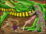  anthro balls bdsm bondage bound clothed clothing dinosaur dragon erection feral male male/male penis raptor sauratar smile theropod topless 