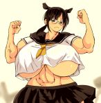  animal_humanoid athletic big_breasts blush bovine breasts brown_eyes brown_hair clothed clothing cow_humanoid eyewear female frown glasses hair hataraki_ari huge_breasts humanoid mammal midriff ponytail school_uniform serafuku short_hair skirt solo under_boob uniform vein 