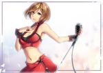  bare_shoulders breasts brown_hair choker cleavage commentary cuffs eyebrows_visible_through_hair happy_birthday medium_breasts meiko microphone microphone_stand miniskirt nail_polish navel red_skirt short_hair skirt smile solo vocaloid yen-mi 
