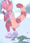  ailurid anthro blush butt crouching cub female fish hair ice looking_back mammal marine nude peeing pink_hair red_panda sicmop solo urine urine_pool watersports young 