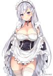  apron apron_lift artist_name azur_lane bangs belfast_(azur_lane) blue_eyes blush braid breasts chain cleavage closed_mouth collar collarbone corset cowboy_shot eyebrows_visible_through_hair french_braid frilled_apron frills gloves head_tilt kaetzchen large_breasts long_hair looking_at_viewer maid_headdress signature silver_hair simple_background skirt skirt_lift smile solo standing swept_bangs thighhighs thighs tsurime white_background white_gloves white_legwear 