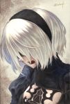  black_dress blindfold cleavage_cutout commentary crying dress hairband highres millipen_(medium) mole mole_under_mouth nier_(series) nier_automata open_mouth sad signature sobbing tears tesun_(g_noh) traditional_media upper_body watercolor_pencil_(medium) white_hair yorha_no._2_type_b 