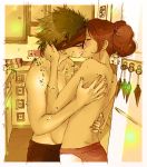  1boy 1girl aburame_shino alternative_hairstyle brown_hair double_bun female glasses kiss male naruto shirtless_(male) short_hair source_request tenten topless topless_female 