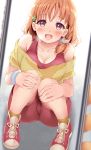  :d bangs braid breasts breath cameltoe cleavage clover_hair_ornament collarbone hair_ornament hair_scrunchie hands_on_own_knees komone_ushio looking_at_viewer love_live! love_live!_sunshine!! medium_breasts mirror off-shoulder_shirt open_mouth orange_hair red_eyes red_footwear red_shorts red_tank_top scrunchie shirt shoes shorts side_braid smile sneakers socks solo squatting sweat sweatband takami_chika tank_top white_scrunchie wristband yellow_legwear yellow_shirt 