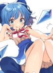  1girl :q adapted_costume akanbe bare_arms bare_legs bloomers blue_bow blue_eyes blue_hair blue_skirt blue_wings bow cirno closed_mouth dress_shirt hair_bow high-waist_skirt ice ice_wings knees_together_feet_apart looking_at_viewer neck_ribbon red_ribbon ribbon shigure_ui shirt short_hair short_sleeves simple_background skirt sleeveless sleeveless_shirt smile solo tongue tongue_out touhou underwear v-shaped_eyebrows white_background white_shirt wing_collar wings 