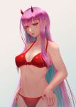 bikini breasts darling_in_the_franxx green_eyes hands_on_hips highres horns lips long_hair medium_breasts nail_polish navel oldlim pink_hair red_bikini red_nails solo swimsuit zero_two_(darling_in_the_franxx) 
