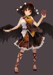  bag black_hair black_skirt breasts full_body futatsuki_eru geta hat looking_at_viewer medium_breasts notebook pom_pom_(clothes) quill red_eyes sandals shameimaru_aya shirt shoulder_bag skirt sleeveless sleeveless_shirt solo standing tokin_hat touhou 