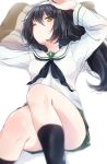  arm_behind_head arms_up bangs black_hair black_legwear black_neckwear blouse blurry blurry_foreground brown_eyes closed_mouth commentary convenient_leg depth_of_field eyebrows_visible_through_hair girls_und_panzer green_skirt hairband highres light_frown long_hair long_sleeves looking_at_viewer lying miniskirt neckerchief on_back one_eye_closed ooarai_school_uniform pillow pleated_skirt reizei_mako school_uniform serafuku skirt socks solo tam_a_mat white_background white_blouse white_hairband 